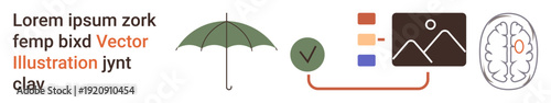Protection, data validation, organization methods, creative concepts, mental processes, innovation. Visuals include an umbrella, checklist brain icon and color palette. Protection and data
