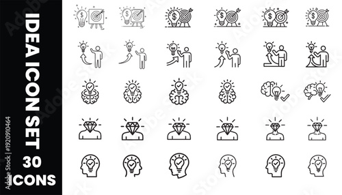 Idea Web Icon Set in Linear Style. Collection of creativity, thinking, innovation, solution, inspiration, business & thinking