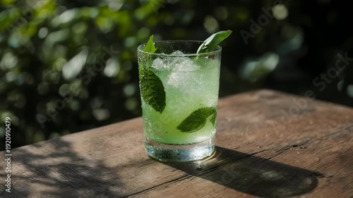 Refreshing green beverage with ice and mint leaves on a rustic wooden table