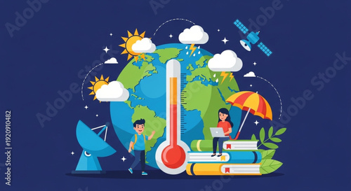 World Meteorological Day Global Weather and Climate Change Phenomena Illustrated with Earth, Thermometer, and Meteorological Instruments