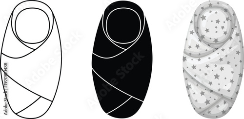 Set of baby swaddle icons line art silhouette and patterned illustration for newborn care and sleep concepts isolated on white