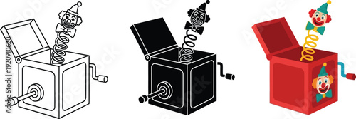 Jack in the box toy collection featuring line art silhouette and color vector illustrations for playful concepts and childrens themes