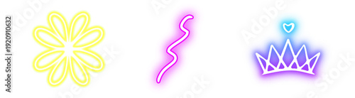 фотографія Set of three glowing neon icons featuring flower, squiggle and crown on transpar