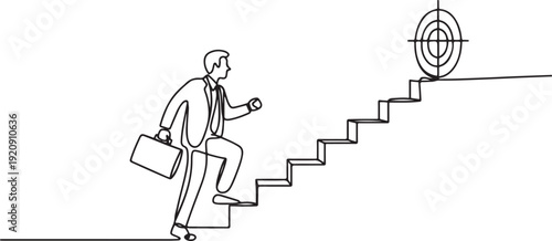 Continuous one line drawing. Reach the target. Businessman climbing stairs to the target illustration of a single line drawing