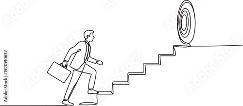 Continuous one line drawing. Reach the target. Businessman climbing stairs to the target illustration of a single line drawing