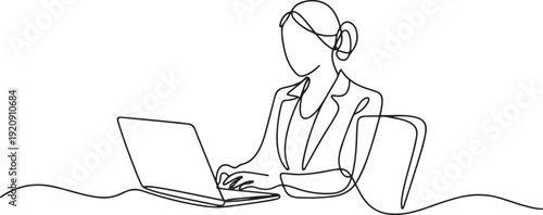 Continuous One Line art Business woman working on computer illustration of a single line drawing