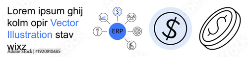 Business processes, financial management, enterprise planning, digital tools, connectivity, system integration. ERP hub surrounded by icons of money, cart and analytics. Business processes