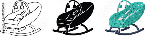 Collection of baby bouncer icons including line art silhouette and colored design for nursery or product illustration