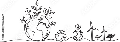 Continuous Line Drawing of Environmental Protection Icon. World Environment Day concept growth, global, planet earth, environmental issues illustration of a single line drawing