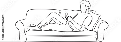 man relaxing, playing with cellphone sitting on the sofa. enjoying holidays illustration of a single line drawing