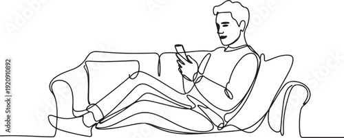 man relaxing, playing with cellphone sitting on the sofa. enjoying holidays illustration of a single line drawing