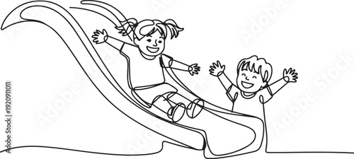 Single one line drawing smiling preschool girl sliding down slide and happy friend seeing her on side of slide. Kids playing together on playground illustration of a single line drawing