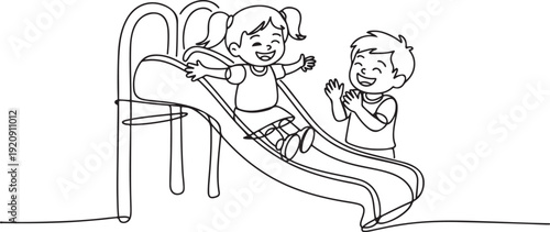 Single one line drawing smiling preschool girl sliding down slide and happy friend seeing her on side of slide. Kids playing together on playground illustration of a single line drawing