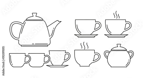 Collection of Tea Cups and Teapots Outlined.