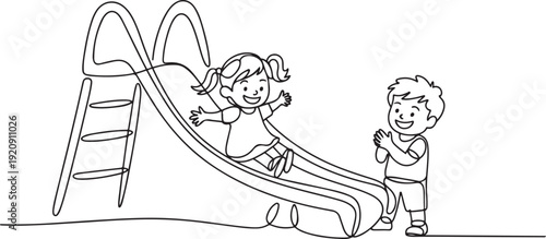 Single one line drawing smiling preschool girl sliding down slide and happy friend seeing her on side of slide. Kids playing together on playground illustration of a single line drawing