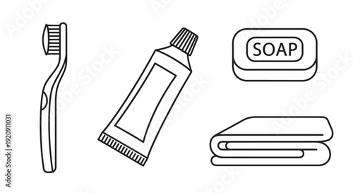 Toothbrush, Toothpaste, Soap, and Towels Illustration.