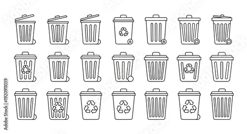 Collection of Trash Can Illustrations with Recycling Symbols.