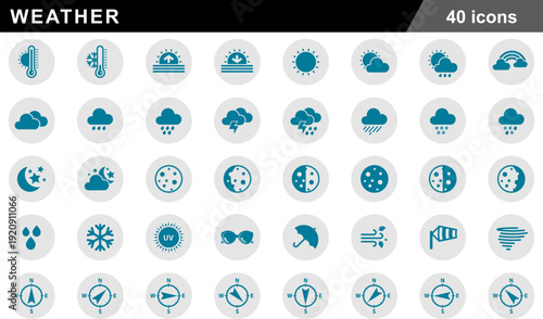 Two Tone Circle Weather Icon Set 40 Solid Teal Symbols for Atmospheric Conditions, Lunar Cycles and Meteorological Data Visualization