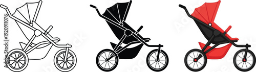 Collection of baby stroller icons in outline silhouette and color representing modern baby transport for parents isolated on white