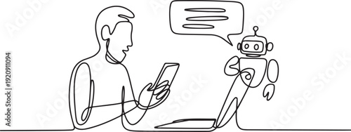 Continuous one line drawing Online communication with chat bot concept illustration of a single line drawing