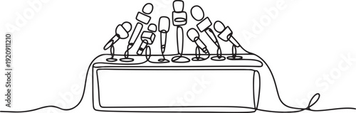 Podium with Microphones in Single-Line Art, Press conference microphone setup in one continuous line art style, Press Conference Microphones illustration of a single line drawing