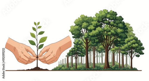 Illustration of hands nurturing a young plant with a lush forest and expanses of jungle in the background, symbolizing the International Day of Forest and the lungs of the world with a