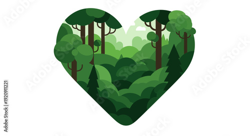 Vector illustration of a heart-shaped forest view with lush greenery and trees on International Day of Forest, symbolizing the lungs of the world with a vibrant design.