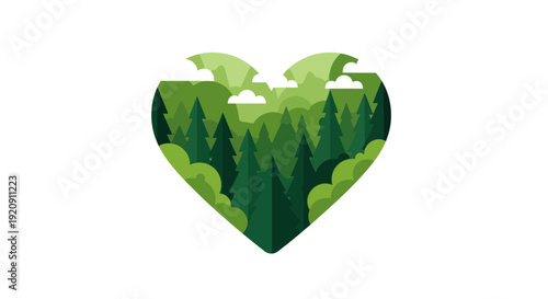 Illustration of a heart-shaped forest landscape with lush greenery, symbolizing the International Day of Forests, with expanses of jungle and trees, representing flora and fauna, on a clean