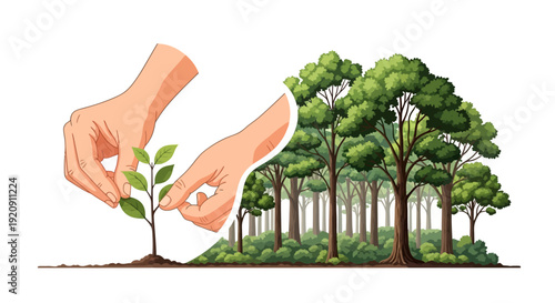 Illustration of two hands nurturing a young tree with a lush forest and expanses of jungle in the background, celebrating the International Day of Forests with a focus on flora and fauna