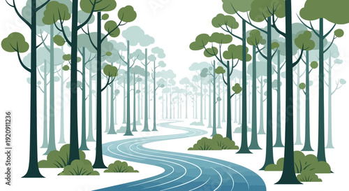 Illustration of a winding road through a forest with trees and foliage on International Day of Forest, promoting environmental awareness and conservation.