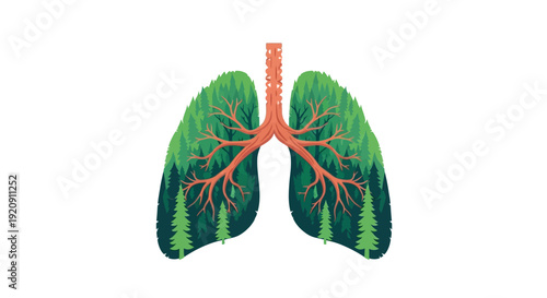 Vector illustration of lungs with trees and forest landscape inside, symbolizing the lungs of the world for International Day of Forests event or banner design.