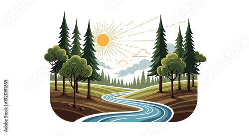 Vector illustration of a serene forest landscape with a winding river, trees, and a sunny sky, celebrating the International Day of Forests with a vibrant and natural design.