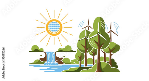 Illustration of a vibrant forest view with flora and fauna on International Day of Forests, featuring trees, a waterfall, and sunny expanses of jungle, symbolizing the lungs of the world.