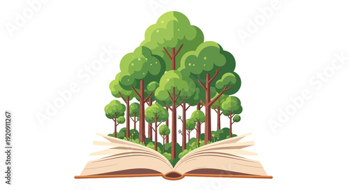 Illustration of trees growing out of an open book on a white background, symbolizing the International Day of Forests with a design element.