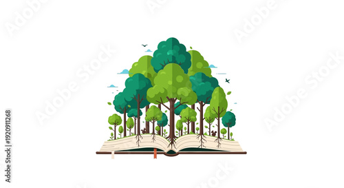 Illustration of a forest with trees and flora growing out of an open book on a white background, celebrating the International Day of Forests with a vibrant and educational design.