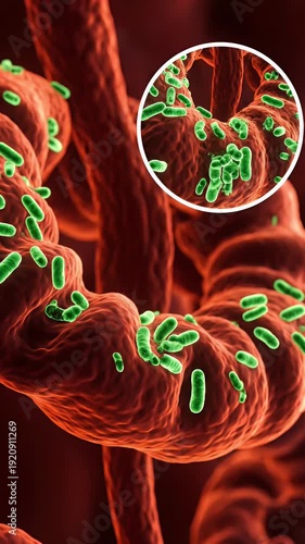 Detailed 3D Medical Animation of Healthy Human Intestinal Microflora Vibrant Red Gut Lining Surface with Microscopic Green Bacteria Colonies Zoomed