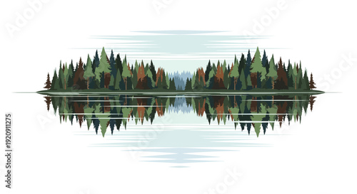 Vector illustration of a serene forest view on the International Day of Forests, featuring lush trees and calm waters reflecting vibrant flora and fauna in a peaceful jungle landscape.