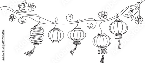 continuous line drawing of chinese lanterns.one line drawing of chinese new year celebration illustration of a single line drawing