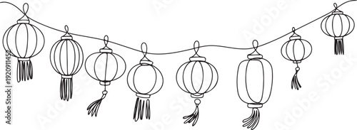 continuous line drawing of chinese lanterns.one line drawing of chinese new year celebration illustration of a single line drawing