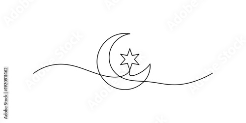 Minimalist one line art illustration of a crescent moon and a hexagram star on a curved path Vector, illustration