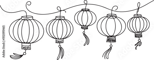 continuous line drawing of chinese lanterns.one line drawing of chinese new year celebration illustration of a single line drawing