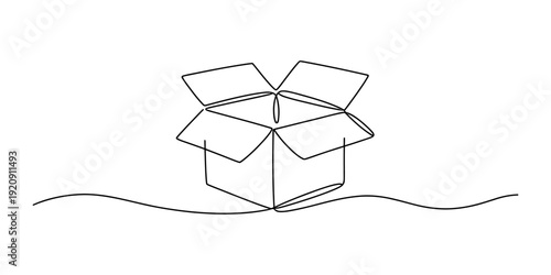 One line drawing of an open cardboard box isolated on a white background with a wavy line Vector, illustration