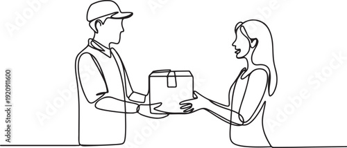 Continuous one single line drawing Woman Receiving Package from Delivery Worker E-commerce and Shipping Service .illustration of a single line drawing