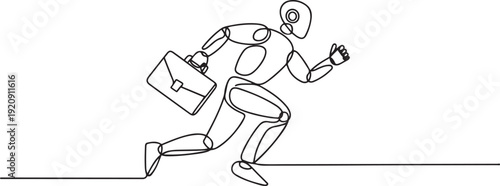 continuous line of AI robot running with work suitcase.one line drawing of technology AI robot running fast.AI for business .illustration of a single line drawing