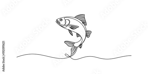Minimalist line art illustration of a fish leaping out of a single wavy line representing water Vector, illustration