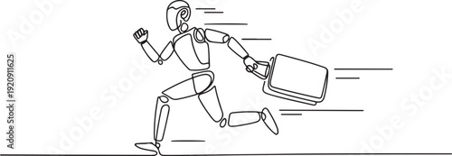 continuous line of AI robot running with work suitcase.one line drawing of technology AI robot running fast.AI for business .illustration of a single line drawing