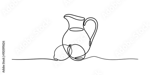 Minimalist continuous line drawing of a glass pitcher filled with water and two fresh lemons. Vector, illustration