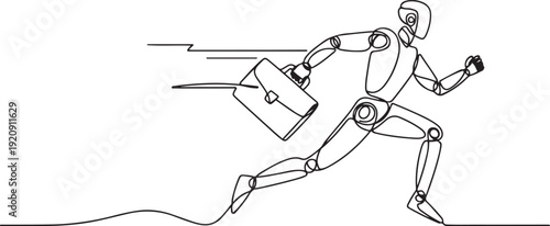 continuous line of AI robot running with work suitcase.one line drawing of technology AI robot running fast.AI for business .illustration of a single line drawing