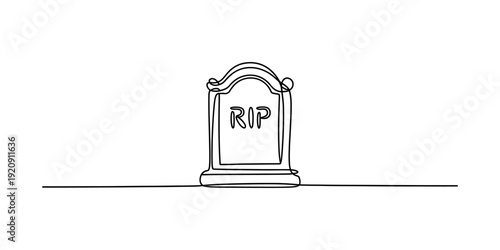 Continuous line drawing of a tombstone with rip text on a white background for halloween. Vector, illustration