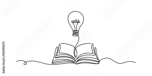 Continuous line drawing of a light bulb emerging from an open book symbolizing knowledge and ideas Vector, illustration